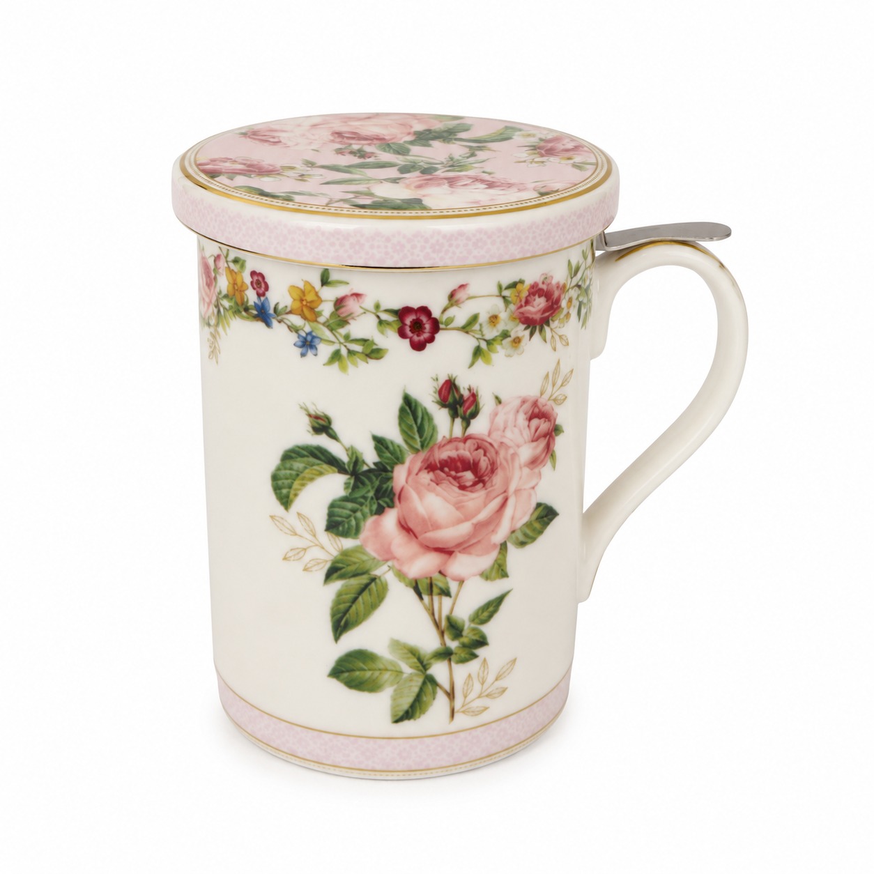 8001544178363_1.jpeg Chant Des Roses Kapaklı Metal Demlikli Fine China Porselen Kupa 350 ml - Görsel 1