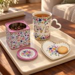 Porselen Kupa, Çay Kutusu ve Tabağı Seti - 350 ml - Görsel 3