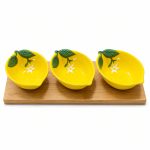 Fleurs Et Citrons 3 Parça Porselen Meze Seti Bambu Tepsili - 25 × 9,5 cm