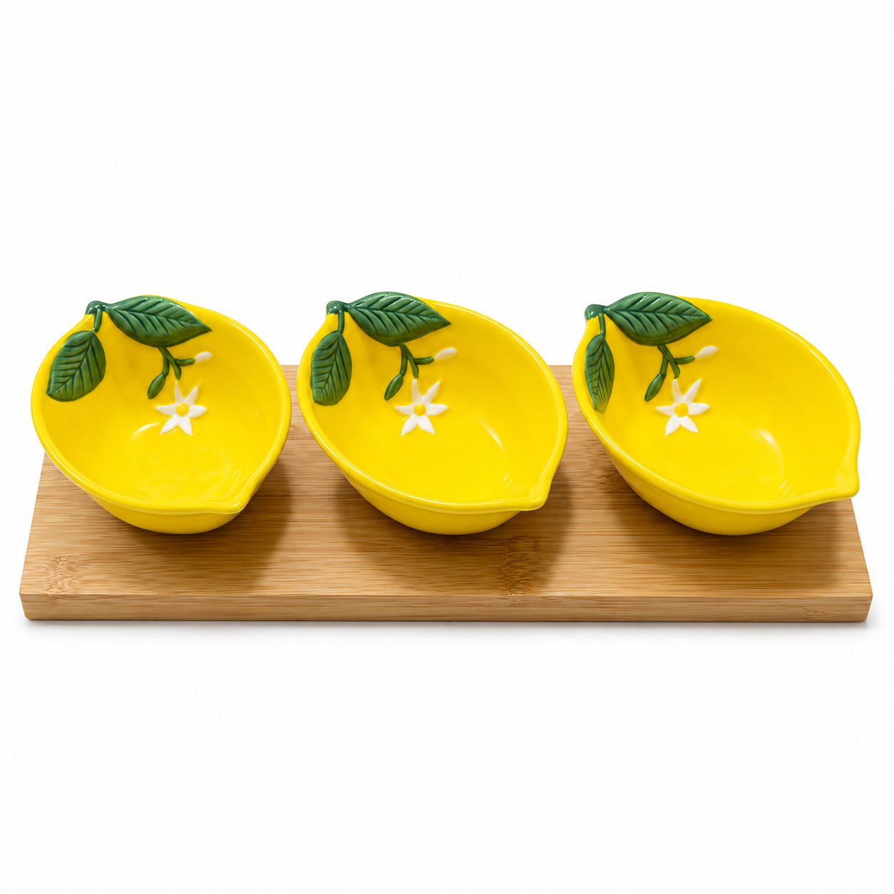 8001544164946_1.jpeg Fleurs Et Citrons 3 Parça Porselen Meze Seti Bambu Tepsili - 25 × 9,5 cm - Görsel 1