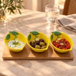 Fleurs Et Citrons 3 Parça Porselen Meze Seti Bambu Tepsili - 25 × 9,5 cm - Görsel 4