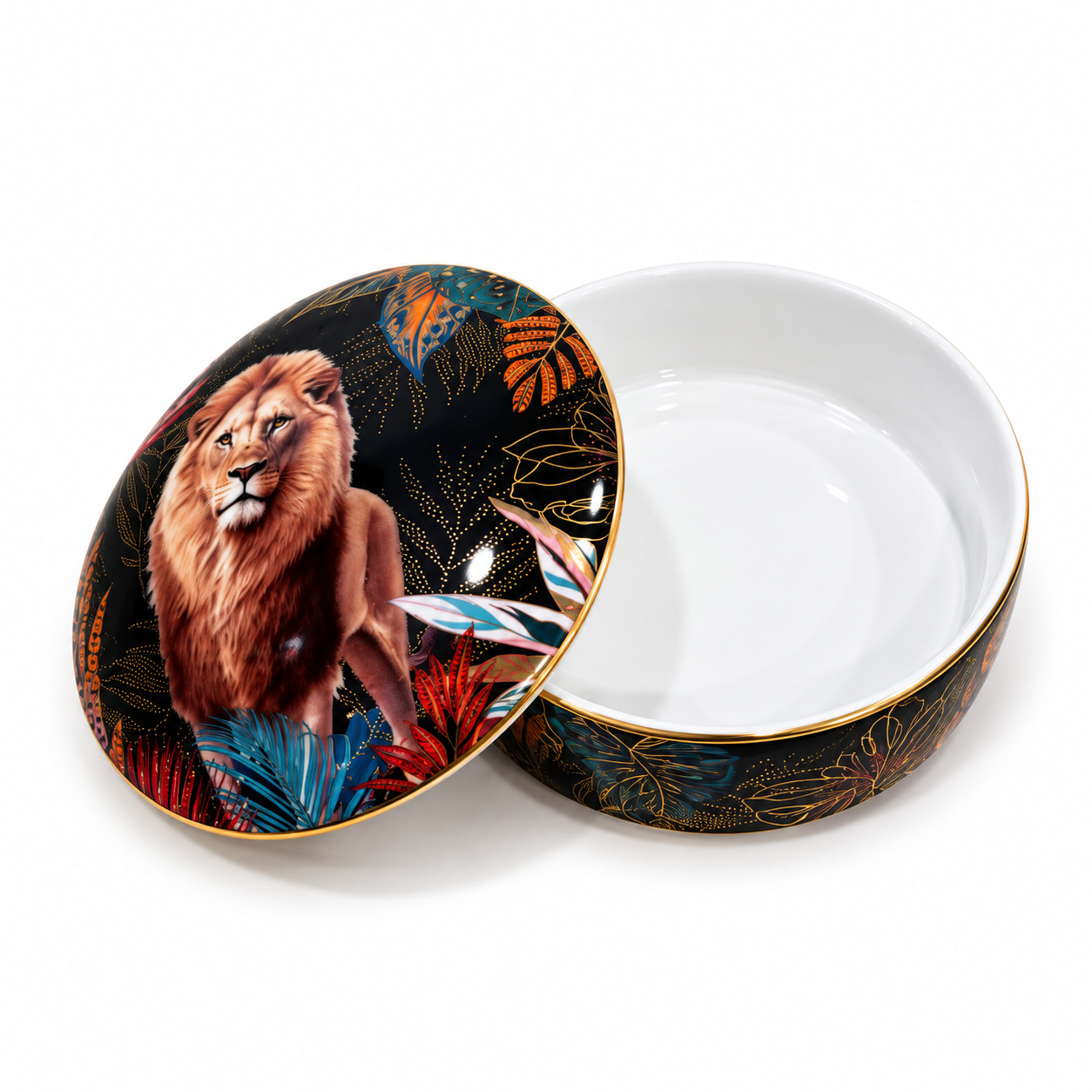 800154417760_1.jpeg Sauvage Aslan Desenli Porselen Kapaklı Kutu - 13 x 6,5 cm - Görsel 1
